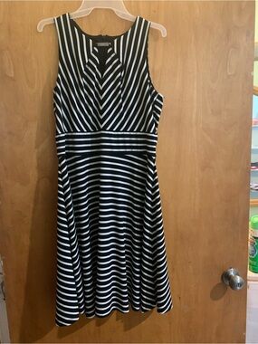 Liz Claiborne Black and White Striped Midi Fit-and-Flare Dress